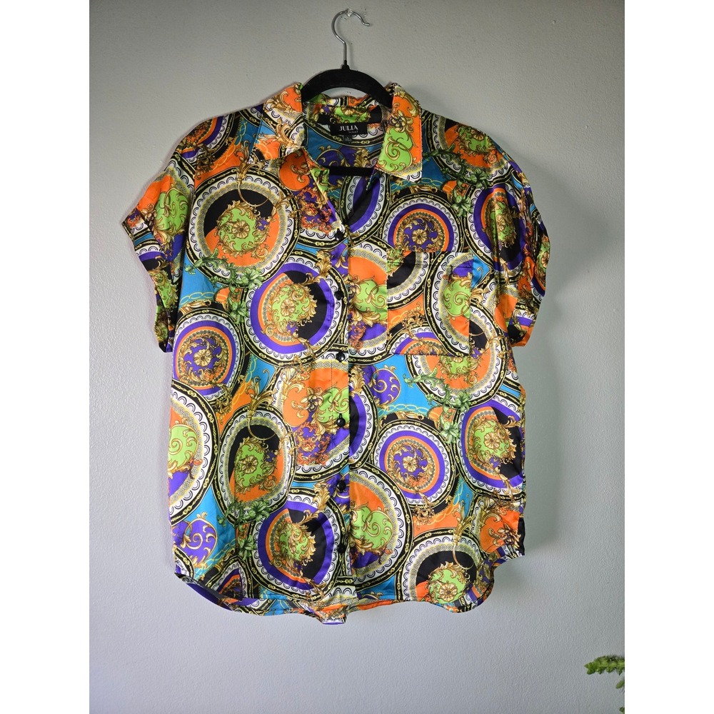 Julia Button Front Blouse Large Baroque Chain Scarf Print‎ Retro Statement Top